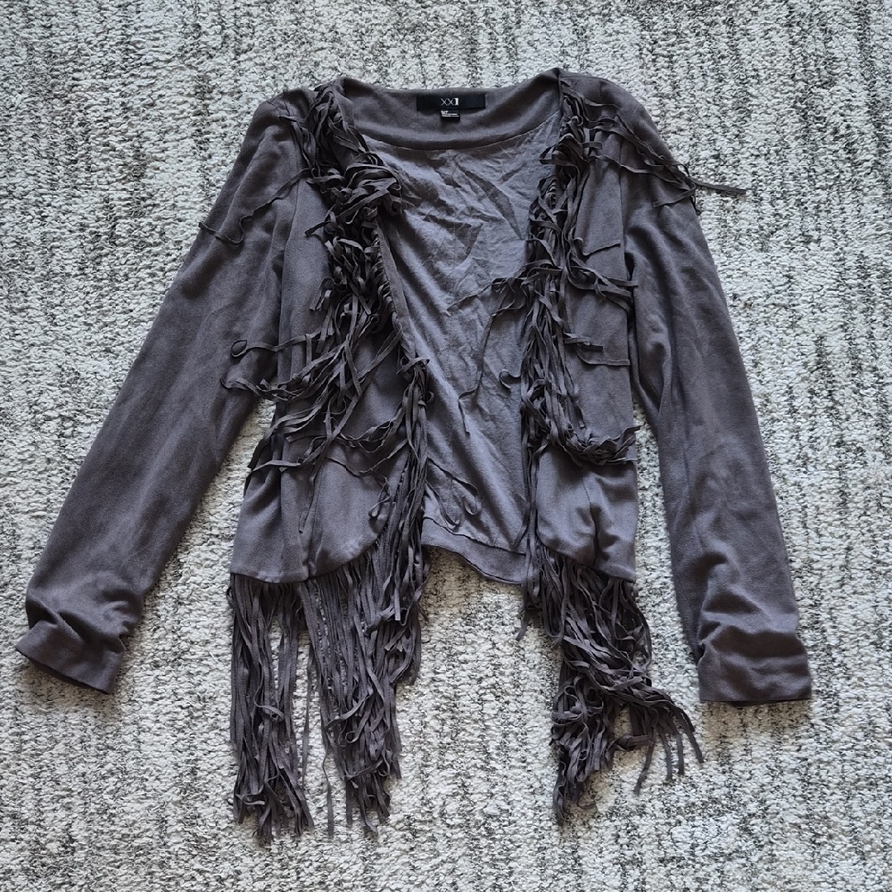 Forever 21 Brownish Gray Fringe Open-Front Cardigan